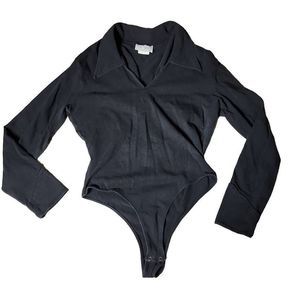 Vintage Froxx 70s wing collar high leg cheeky black body suit